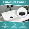 A black pop-up drain assembly is shown installed in a white rectangular sink, with a close-up inset view of the drain cover. The image also includes marketing text and icons at the top and bottom. Produktbild-Vorschau