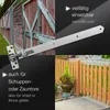 A collage showing a metal gate hinge attached to a red barn door, a metal hinge bar, and a wooden fence with a potted plant. Produktbild-Vorschau