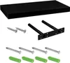 A black floating shelf with its mounting hardware, including screws and wall anchors, laid out on a white background. Náhled obrázku produktu