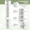 A tall, narrow white cabinet with several shelves and a drawer, shown with diagrams illustrating shelf spacing and weight capacity. Podgląd zdjęcia produktu