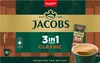 The image shows the packaging of Jacobs 3in1 Classic instant coffee sticks, along with a prepared cup of coffee. Produktbild-Vorschau