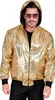 A man wearing a gold sequined bomber jacket with a hood. Produktbild-Vorschau