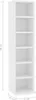 A white, narrow bookshelf with multiple shelves is shown against a white background. Dimensions are indicated with measurement lines and text. Produktbild-Vorschau
