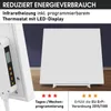 A white infrared heater panel with a control panel is shown, with text overlays highlighting features and certifications. Produktbild-Vorschau