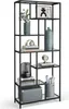 A black metal bookshelf with glass shelves, decorated with various items. Produktbild-Vorschau
