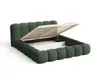 A green upholstered bed frame with the mattress support mechanism lifted, revealing storage space underneath. Voir les images du produit