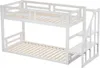 A white wooden bunk bed with a staircase on the side. Produktbild-Vorschau