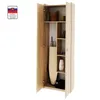 An open tall cabinet with shelves, an ironing board, and various household items. Produktbild-Vorschau