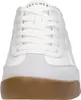 A close-up front view of a white sneaker with a brown sole. Produktbild-Vorschau