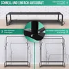 An instructional image showing the assembly steps for a black metal shoe rack and coat stand. Produktbild-Vorschau