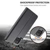 A black flip phone case is shown at an angle, with a close-up inset of the camera area. The background is a blurred road or pavement. Produktbild-Vorschau