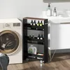A narrow shelving unit with bottles and cleaning supplies is placed next to a washing machine and a bathroom vanity. Produktbild-Vorschau