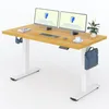 A clean, studio shot of a standing desk with dual monitors, a keyboard, mouse, headphones, a plant, a cup of coffee, and a bag. Produktbild-Vorschau