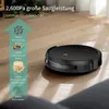 A black robot vacuum cleaner is shown on a wooden floor, with a graphic overlay detailing its suction power and different modes. Náhled obrázku produktu