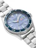 A close-up, angled shot of a silver and blue Orient watch against a white background. Voir les images du produit