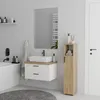 A modern bathroom with a white bathtub, vanity, and a tall cabinet. Náhled obrázku produktu