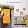 A smartphone displaying a thermostat app is held in a hand, juxtaposed with a living room scene featuring a dog on a sofa. Produktbild-Vorschau