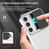 A hand is shown sliding a camera cover on a phone case. There are text overlays describing the product features. Produktbild-Vorschau