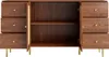 A wooden sideboard with two doors and six drawers, shown open to reveal shelves. It stands on gold-colored legs. Anteprima dell’immagine prodotto