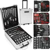 A collage of images showing a silver rolling tool case and various tool sets. Produktbild-Vorschau