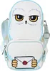 A white owl-shaped crossbody bag with blue trim, holding a letter. Produktbild-Vorschau