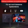 A marketing image showing two monitors, one from the back and one from the front displaying a car racing game. Icons indicating features are displayed above the monitors. Produktbild-Vorschau