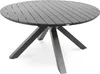 A round, black outdoor dining table with a slatted top and a four-legged base, shown against a white background. Produktbild-Vorschau
