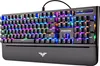 A gaming keyboard with RGB lighting and a wrist rest. Produktbild-Vorschau