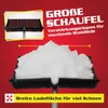 A snow shovel filled with snow, with text overlays highlighting its features. Produktbild-Vorschau