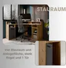 A corner desk with storage, shown in a room setting and with a close-up detail of a door. Produktbild-Vorschau