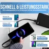A hand holding a smartphone that is charging from a power bank. The image also shows other phones and tablets with text indicating charging capabilities. Voir les images du produit