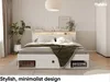 A modern bedroom with a white bed frame featuring integrated LED lighting and storage drawers. A green throw blanket is draped over the bed, and a potted plant is visible to the left. Produktbild-Vorschau