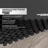 A stack of interlocking black puzzle mats on a wooden floor, with marketing text and a logo in the background. Produktbild-Vorschau