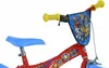 Close-up of the handlebars and seat of a red children's bicycle with Paw Patrol graphics. Produktbild-Vorschau