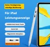 A white stylus pen is shown leaning against a tablet, with marketing text and feature callouts on a blue background. Produktbild-Vorschau
