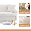 A close-up of a sofa with inset images highlighting its features, including its wooden legs and curved armrest. A robot vacuum cleaner is shown underneath the sofa to indicate clearance. Anteprima dell’immagine prodotto
