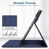 A dark blue tablet case is shown standing upright, propped up by its own cover. The image also includes inset graphics illustrating features. Produktbild-Vorschau