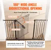 A black metal baby gate is shown installed in a doorway, with diagrams illustrating its opening and closing features. Náhľad obrázku produktu