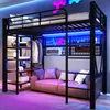 A loft bed with a sofa underneath, set up in a modern, dimly lit room with colorful LED lighting. Náhled obrázku produktu