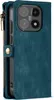 A teal-colored phone case with a zipper and a gold snap closure, showing the camera module of a phone. Produktbild-Vorschau