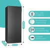 A black refrigerator with dimensions and feature callouts. Produktbild-Vorschau