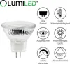 A product image of a LUMILED LED lamp with accompanying feature icons. Produktbild-Vorschau