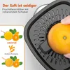 A close-up of an orange being juiced, with marketing text and comparison graphics on the left. Produktbild-Vorschau