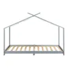 A grey house-shaped bed frame with a slatted base, shown from the front on a white background. Produktbild-Vorschau