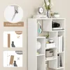 A white geometric bookshelf filled with various items, with instructional diagrams on the left side. Podgląd zdjęcia produktu