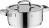 A stainless steel pot with a glass lid and handles, shown from a slightly elevated front-side angle against a white background. Produktbild-Vorschau