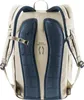 The back of a beige backpack with blue mesh padding. Voir les images du produit