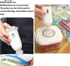 A collage showing a handheld vacuum sealer in use with food bags and a food storage container. The left side shows a hand holding the vacuum sealer over a bag of peas, and the right side shows the vacuum sealer attached to a container of tomatoes. Náhľad obrázku produktu