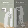 A split image comparing the ease of mounting a furniture anti-tip device on a tall, narrow cabinet. The left side shows a person easily attaching it low on the cabinet, while the right side shows a person struggling to attach it high up using a ladder. Produktbild-Vorschau