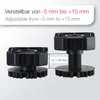 Two adjustable pedestals for decking or flooring, with text indicating their adjustment range. Produktbild-Vorschau